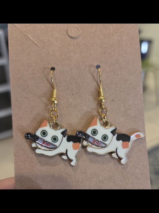 Jewelry - Calico Cat With Knives Dangle Earrings - White, Black, Orange
